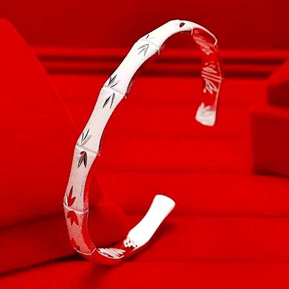 Sterling Silver Bamboo Engraved Cuff Bangle Bracelet - Picture 2 of 7